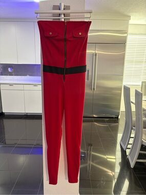 Strapless Red Jumpsuit with Black Waistband